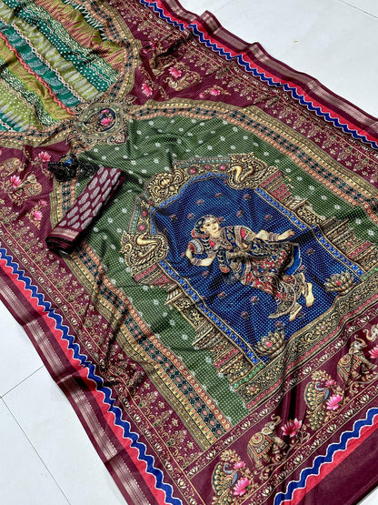Royal Green & Maroon Traditional Printed Saree | Elegant Ethnic Wear