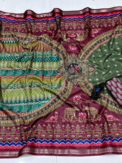 Royal Green & Maroon Traditional Printed Saree | Elegant Ethnic Wear