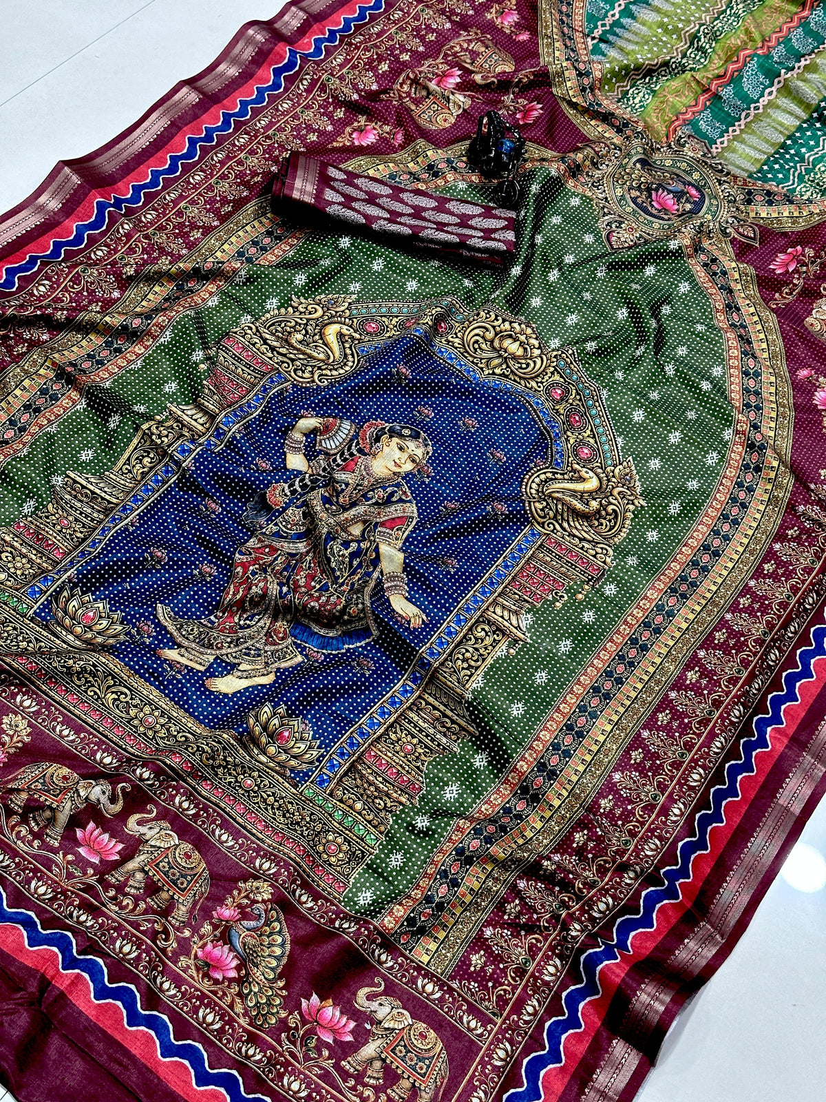 Royal Green & Maroon Traditional Printed Saree | Elegant Ethnic Wear