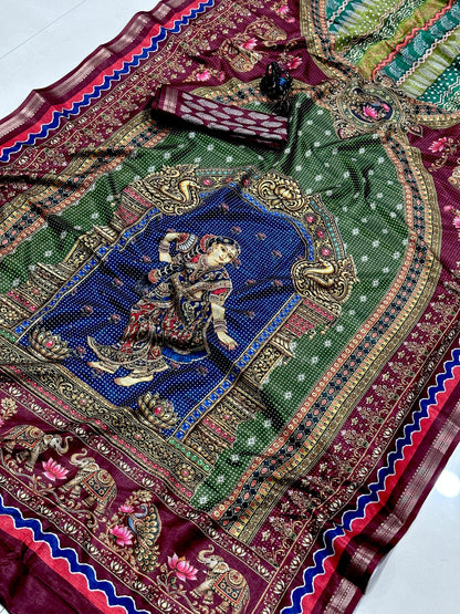 Royal Green & Maroon Traditional Printed Saree | Elegant Ethnic Wear