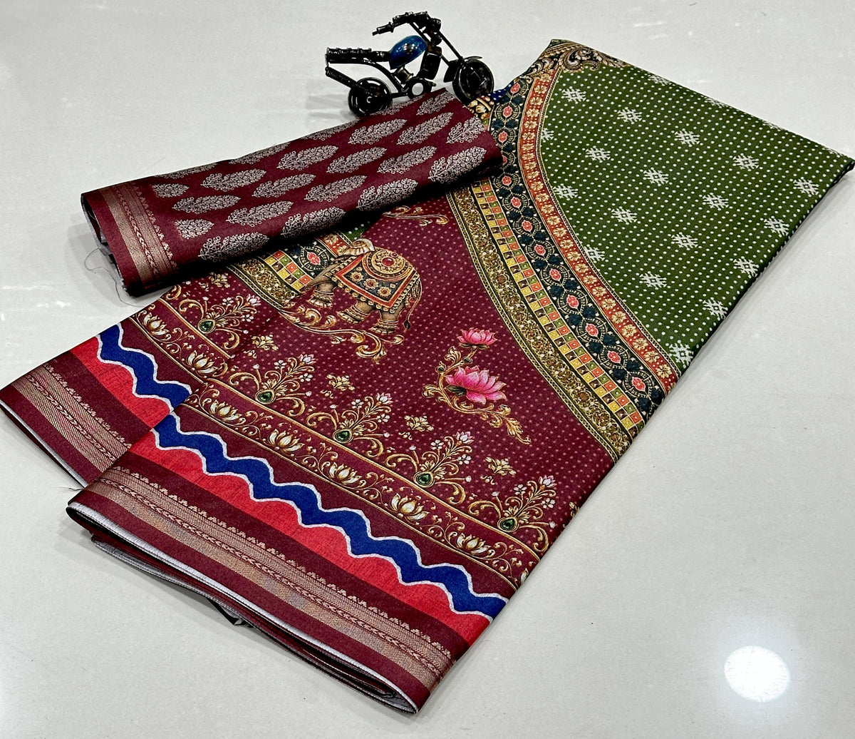 Royal Green & Maroon Traditional Printed Saree | Elegant Ethnic Wear