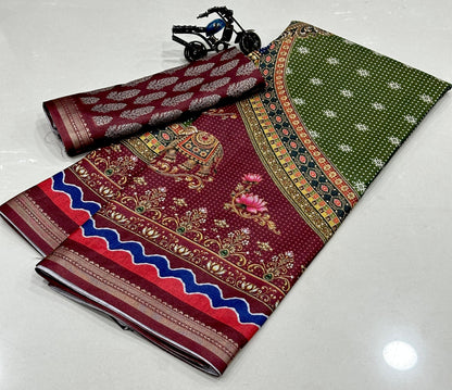 Royal Green & Maroon Traditional Printed Saree | Elegant Ethnic Wear
