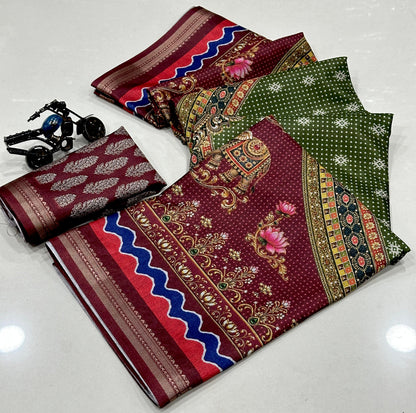 Royal Green & Maroon Traditional Printed Saree | Elegant Ethnic Wear