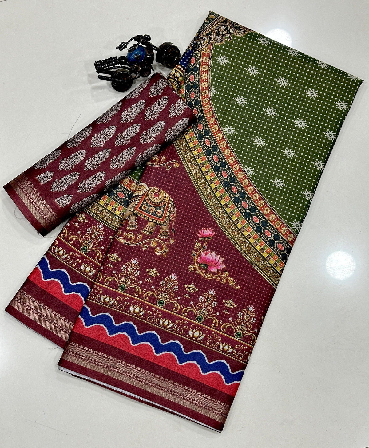 Royal Green & Maroon Traditional Printed Saree | Elegant Ethnic Wear