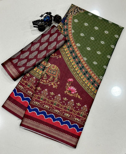 Royal Green & Maroon Traditional Printed Saree | Elegant Ethnic Wear
