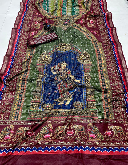 Royal Green & Maroon Traditional Printed Saree | Elegant Ethnic Wear