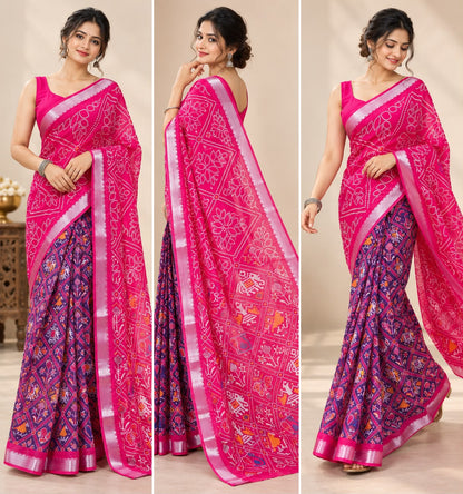 Premium Pink & Purple Designer Saree with Traditional Motifs & Zari Border