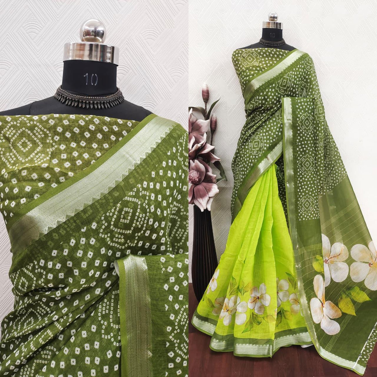 Green Bandhani Floral Print Saree with Lime Green Floral Border
