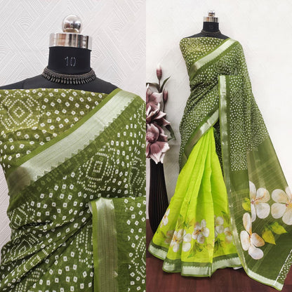 Green Bandhani Floral Print Saree with Lime Green Floral Border