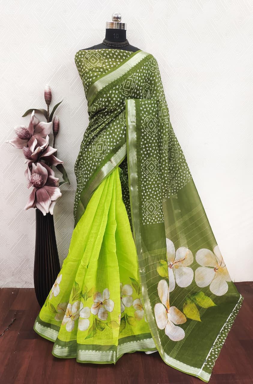 Green Bandhani Floral Print Saree with Lime Green Floral Border