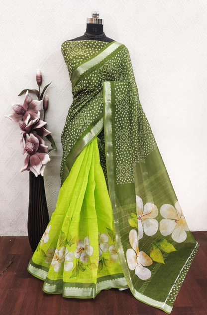 Green Bandhani Floral Print Saree with Lime Green Floral Border