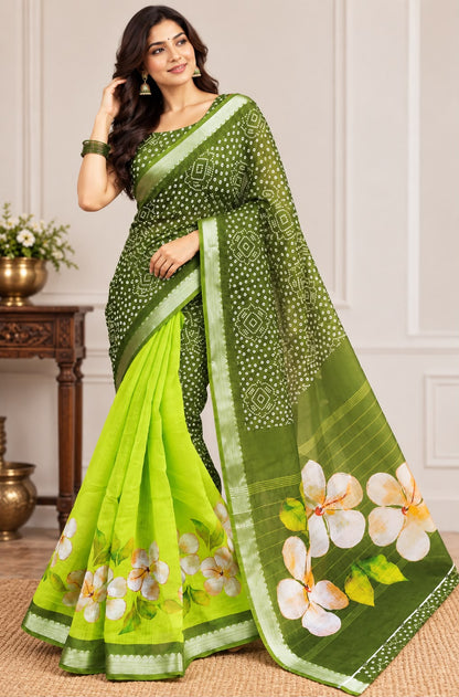 Green Bandhani Floral Print Saree with Lime Green Floral Border
