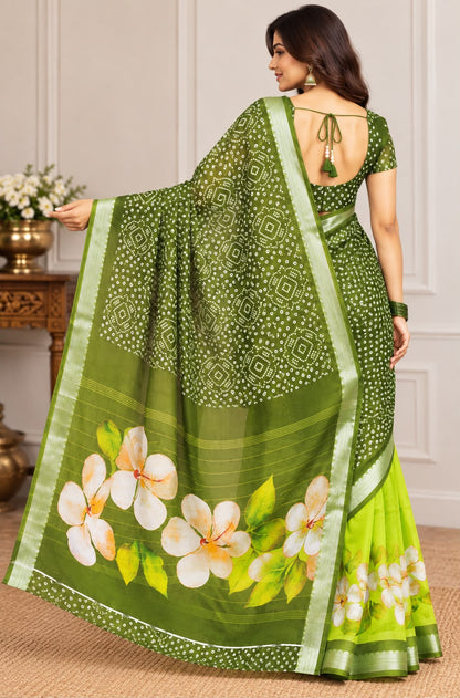 Green Bandhani Floral Print Saree with Lime Green Floral Border