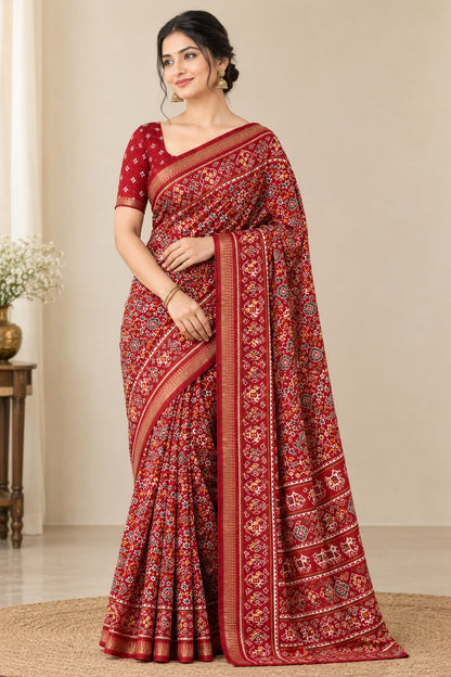 Premium Red Cotton Saree with Traditional Multicolor Motifs