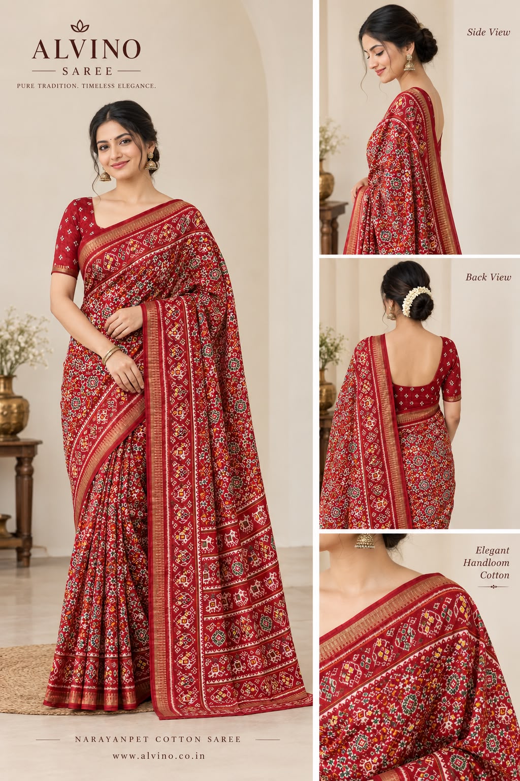 Premium Red Cotton Saree with Traditional Multicolor Motifs