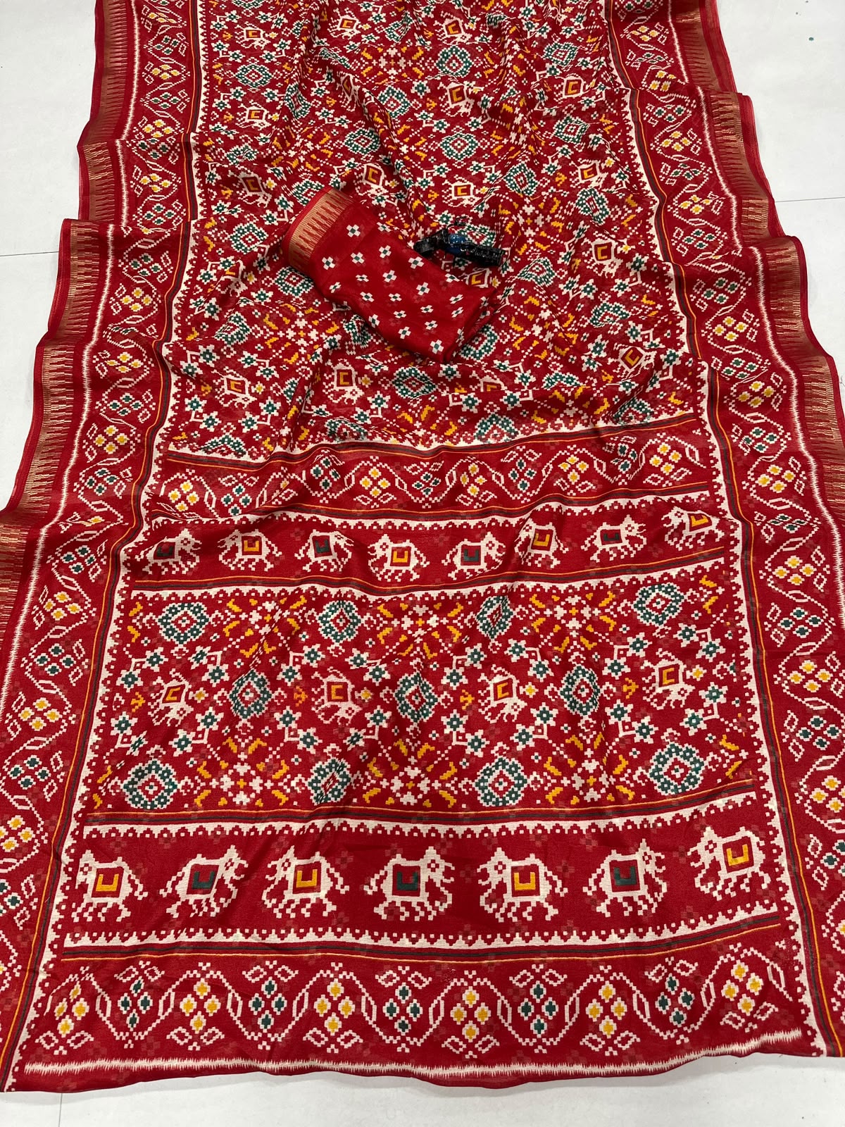 Premium Red Cotton Saree with Traditional Multicolor Motifs