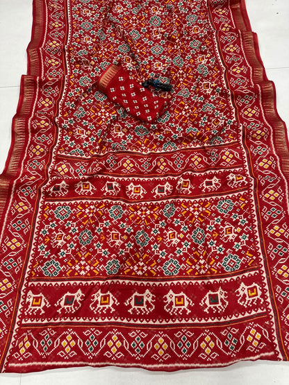 Premium Red Cotton Saree with Traditional Multicolor Motifs