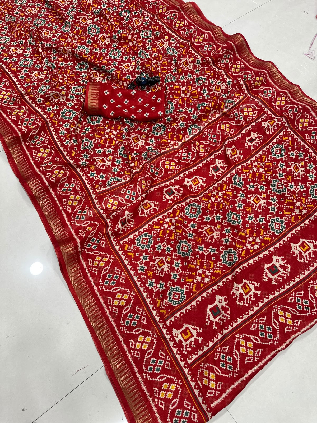 Premium Red Cotton Saree with Traditional Multicolor Motifs