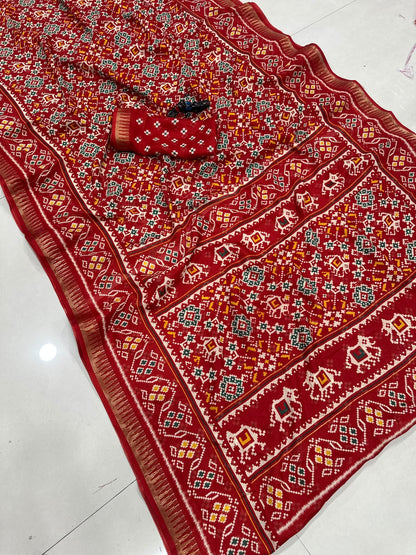 Premium Red Cotton Saree with Traditional Multicolor Motifs