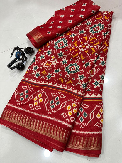 Premium Red Cotton Saree with Traditional Multicolor Motifs