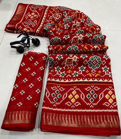 Premium Red Cotton Saree with Traditional Multicolor Motifs