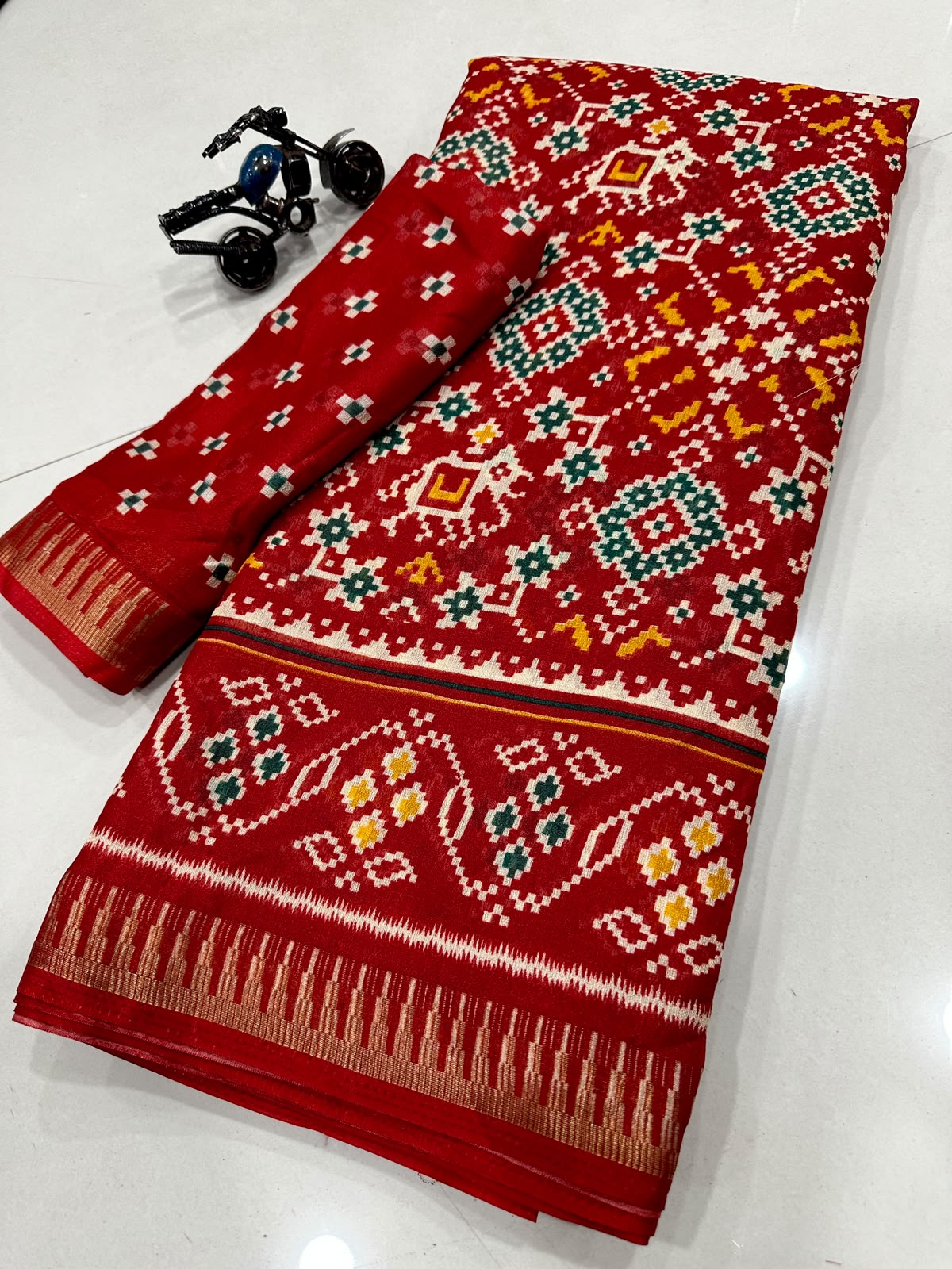 Premium Red Cotton Saree with Traditional Multicolor Motifs