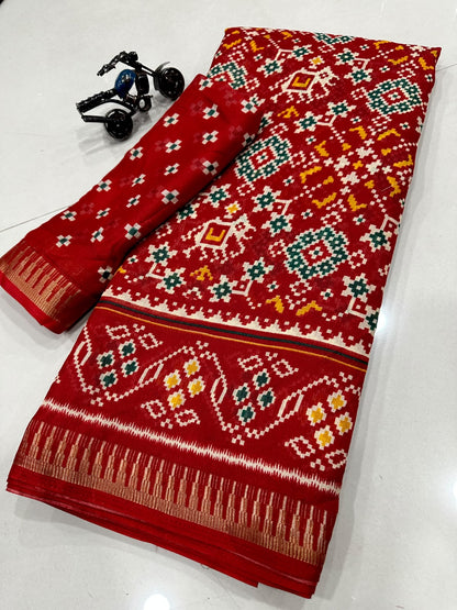 Premium Red Cotton Saree with Traditional Multicolor Motifs