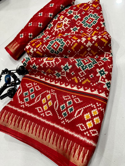 Premium Red Cotton Saree with Traditional Multicolor Motifs