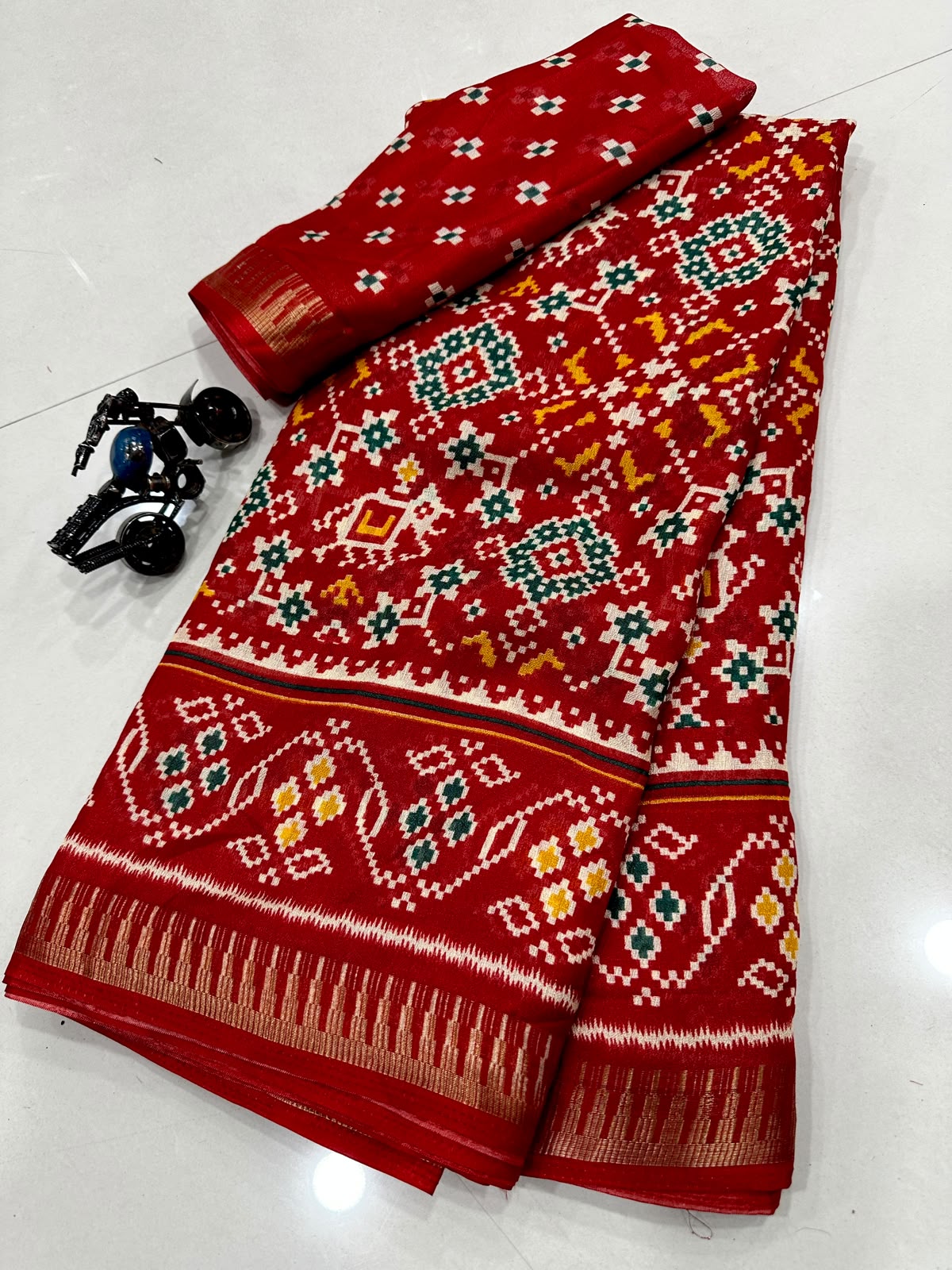 Premium Red Cotton Saree with Traditional Multicolor Motifs