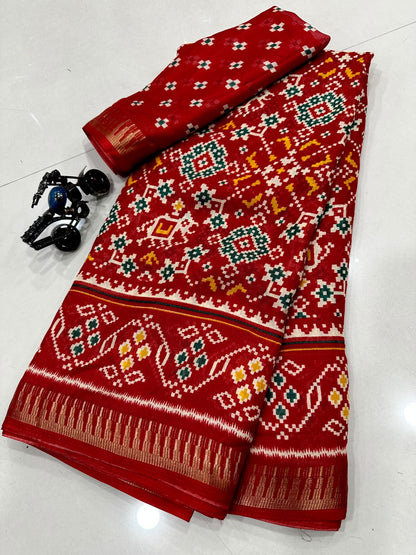 Premium Red Cotton Saree with Traditional Multicolor Motifs