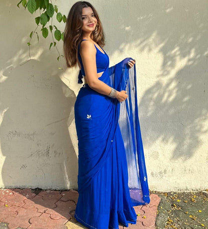 Royal Blue Saree With Elegant White Floral Embroidery