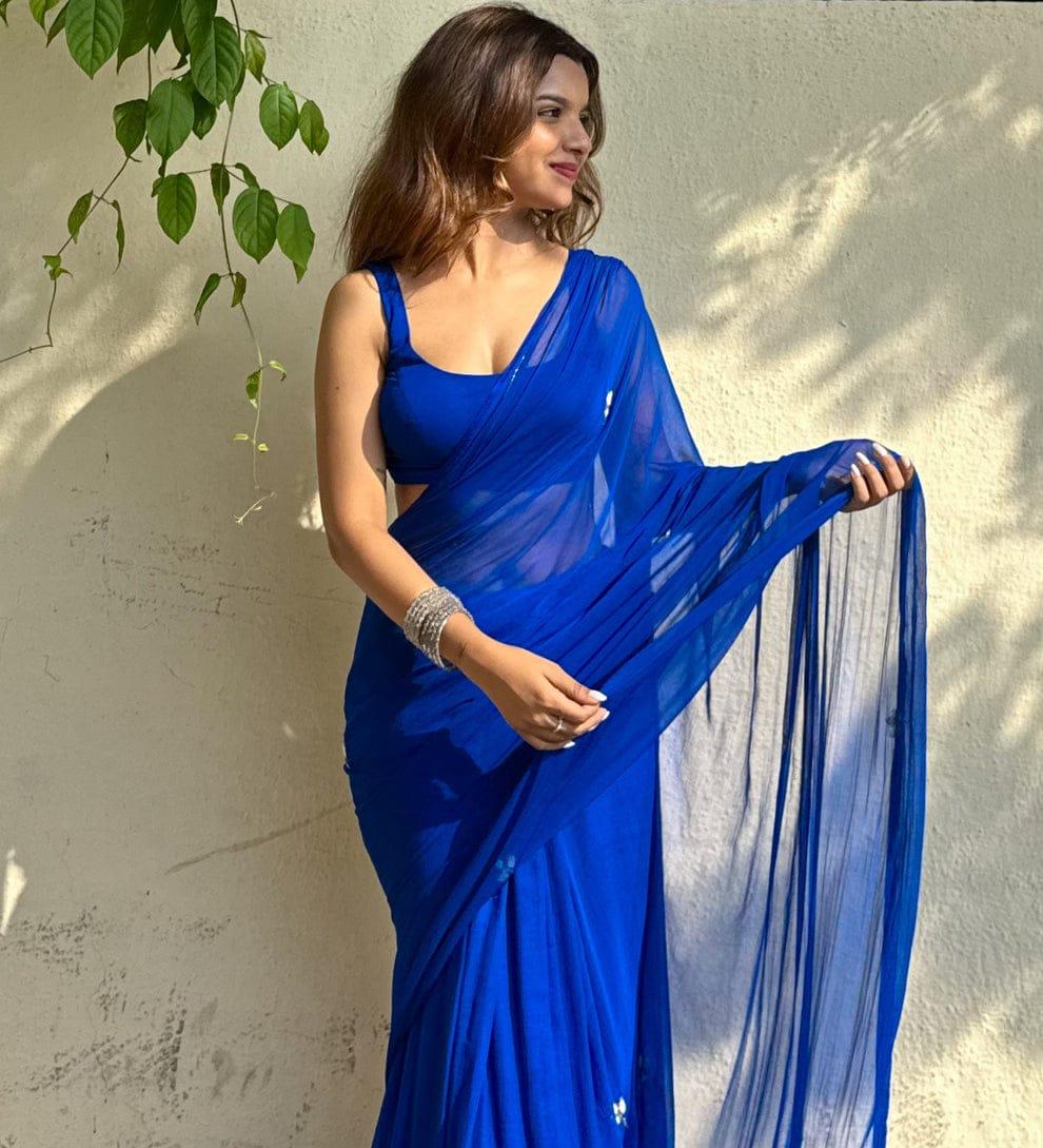 Royal Blue Saree With Elegant White Floral Embroidery