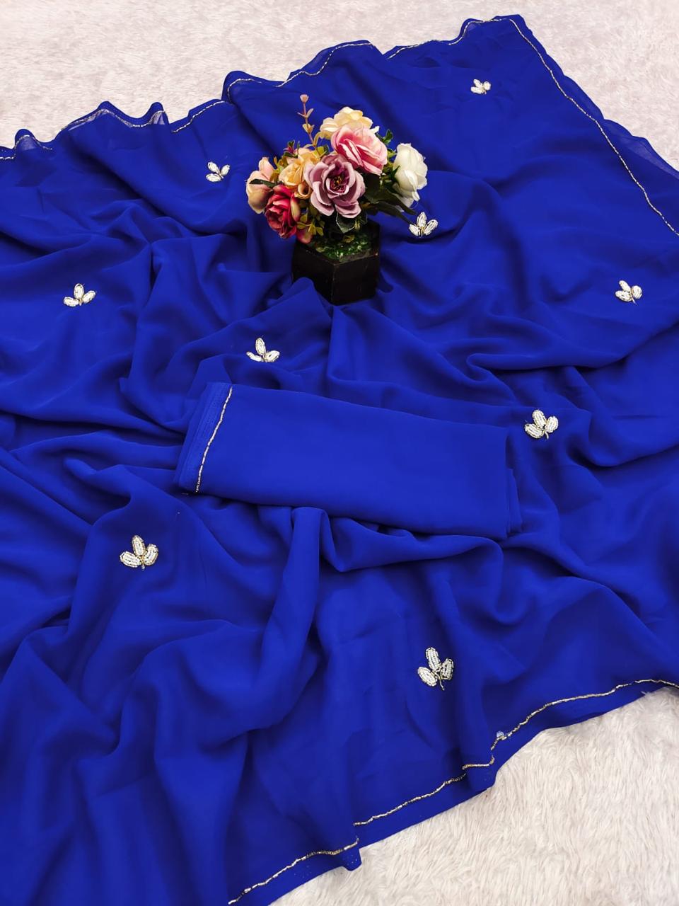 Royal Blue Saree With Elegant White Floral Embroidery