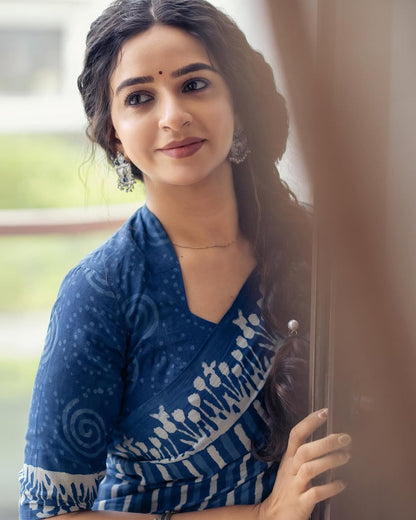 Indigo Blue Bagru Design Print  Linen Cotton Saree
