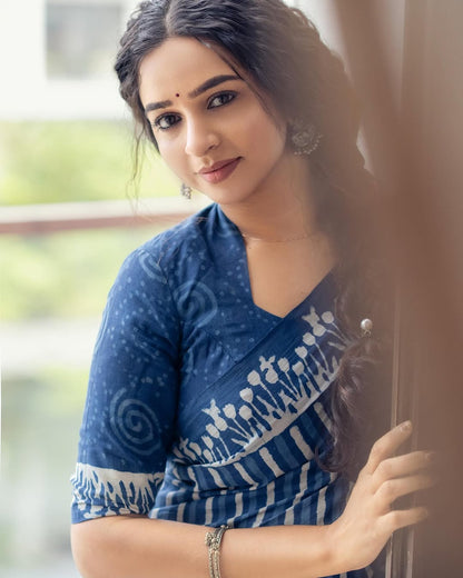 Indigo Blue Bagru Design Print  Linen Cotton Saree