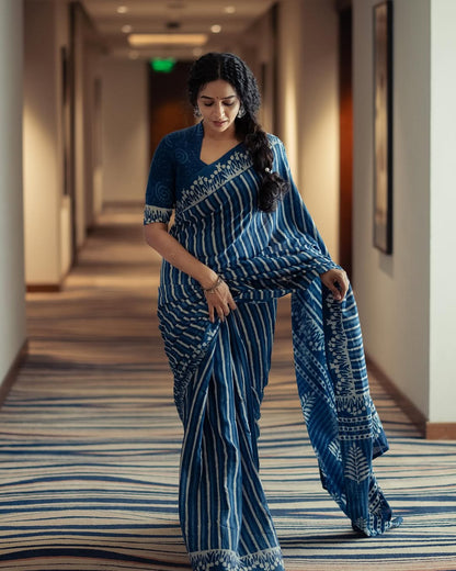 Indigo Blue Bagru Design Print  Linen Cotton Saree