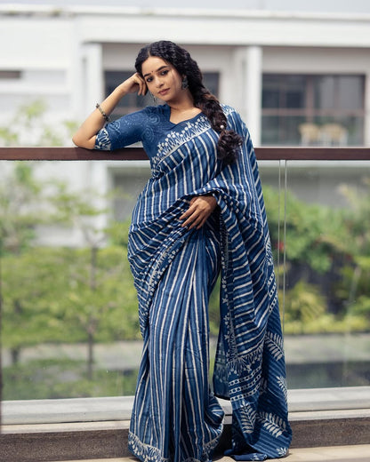 Indigo Blue Bagru Design Print  Linen Cotton Saree