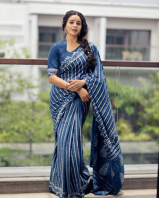 Indigo Blue Bagru Design Print  Linen Cotton Saree