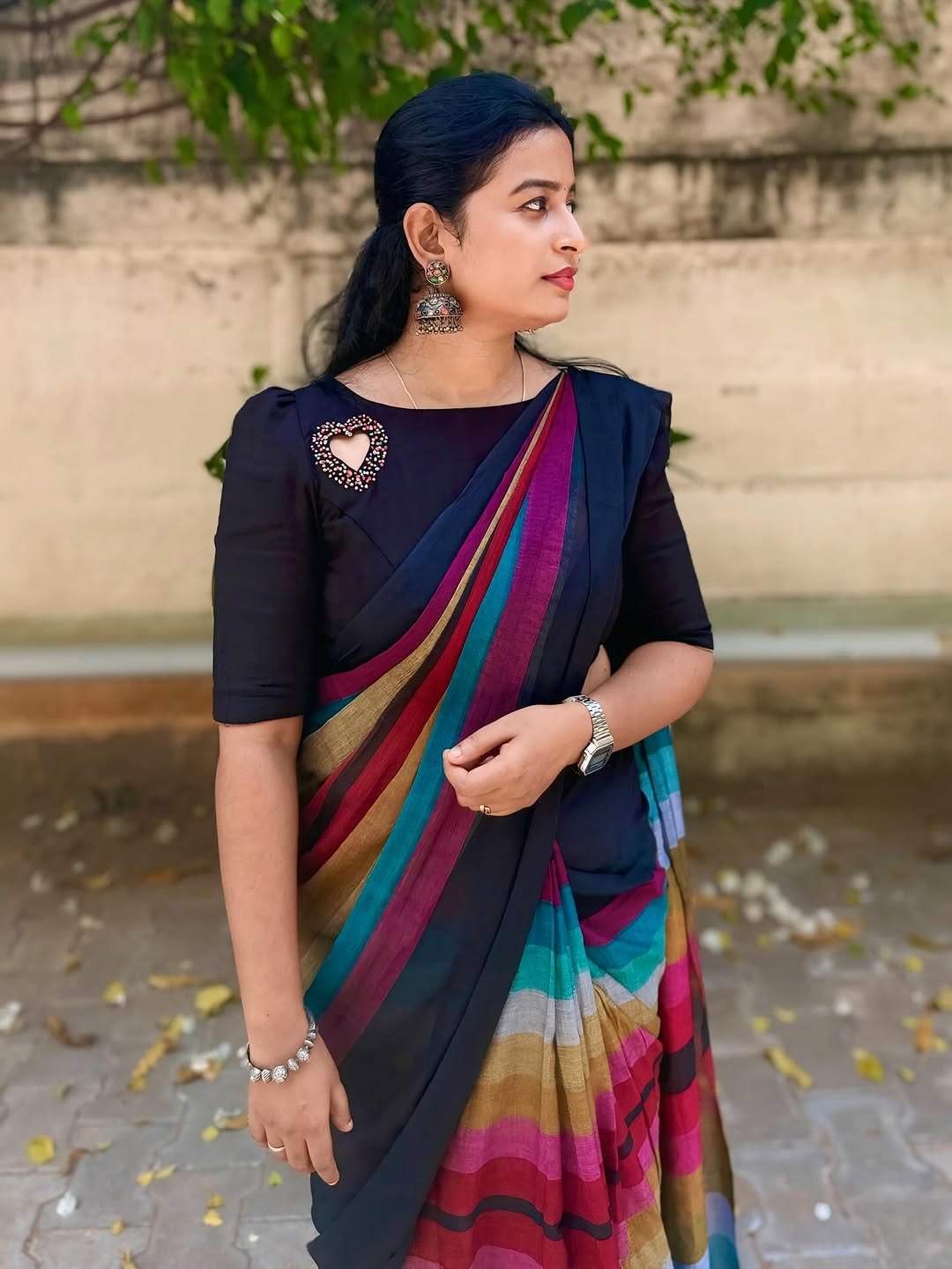 Black Multicolor Strip Tassel Linen cotton saree
