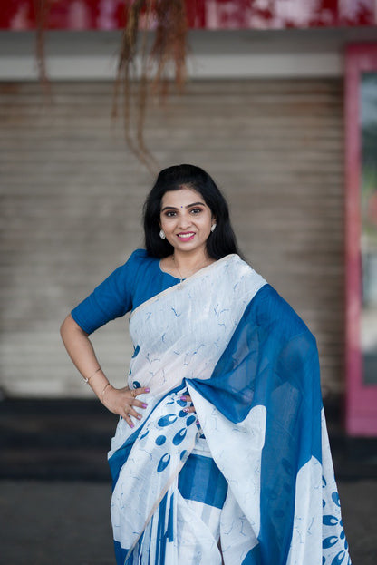 Blue Linen Cotton Traditional Saree