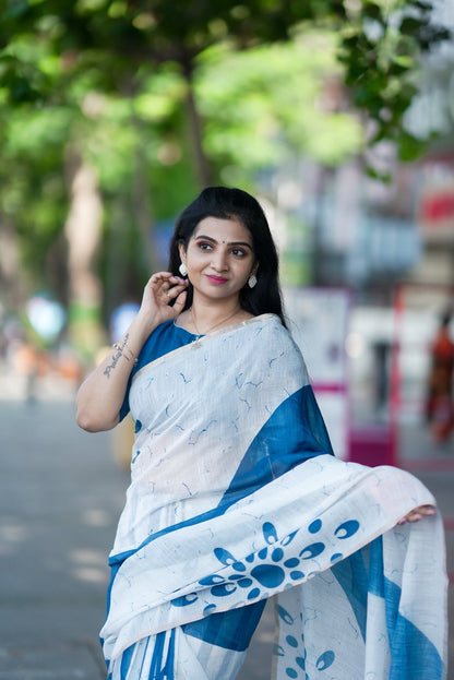 Blue Linen Cotton Traditional Saree