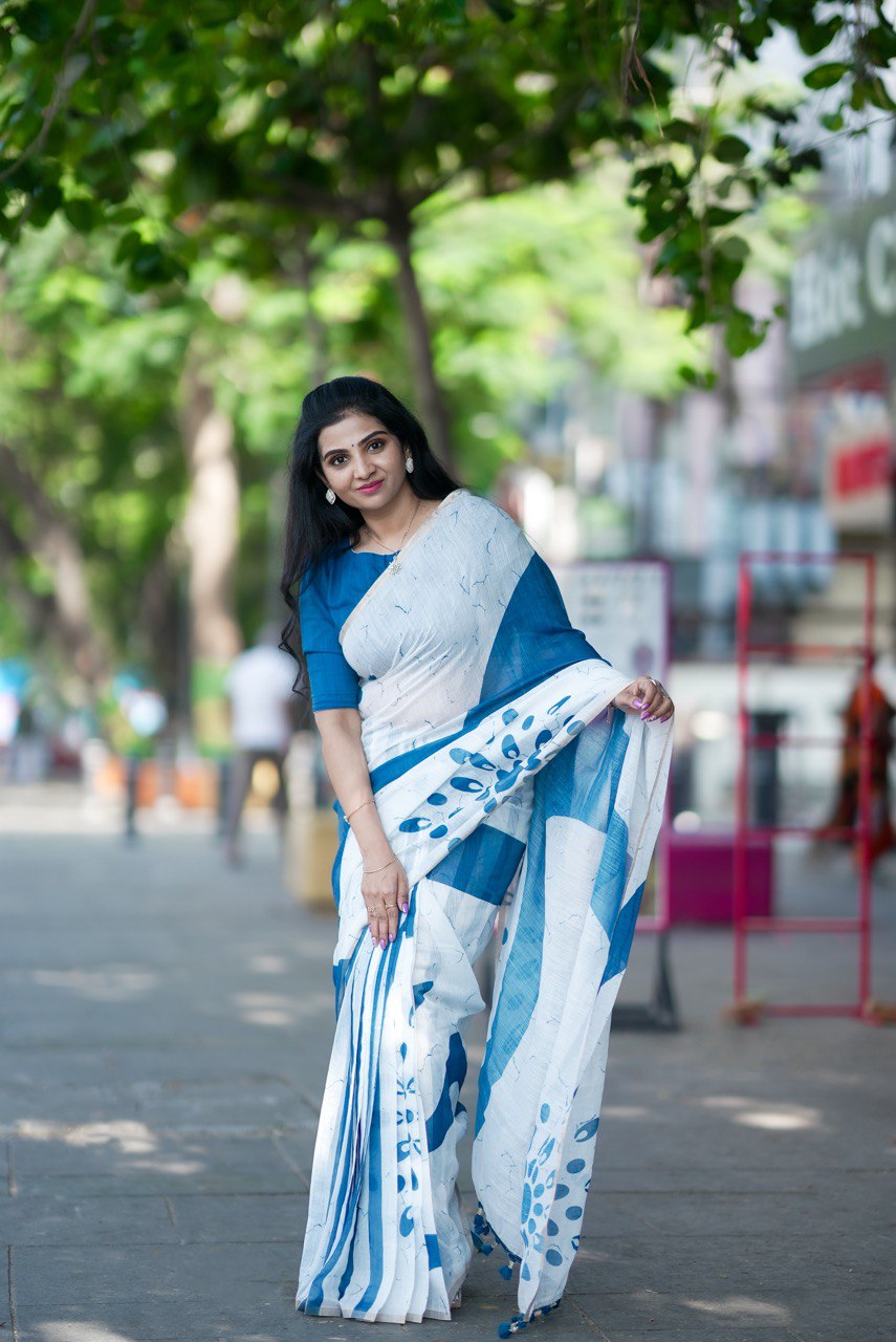Blue Linen Cotton Traditional Saree