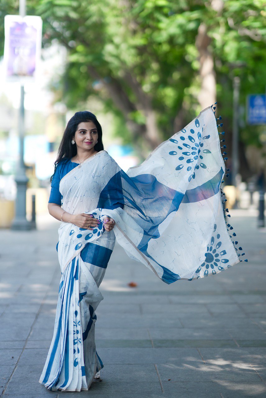 Blue Linen Cotton Traditional Saree