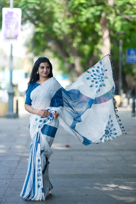Blue Linen Cotton Traditional Saree