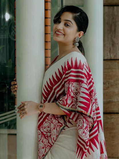 Red Printed Pattern With Blouse Contras Cotton Linen Saree