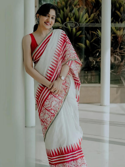 Red Printed Pattern With Blouse Contras Cotton Linen Saree
