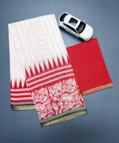 Red Printed Pattern With Blouse Contras Cotton Linen Saree