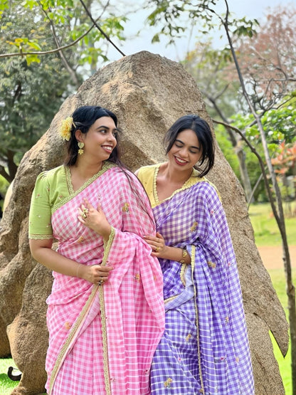 Fancy Lace broder Check Pattern Pink  Cotton Linen Saree With Blouse