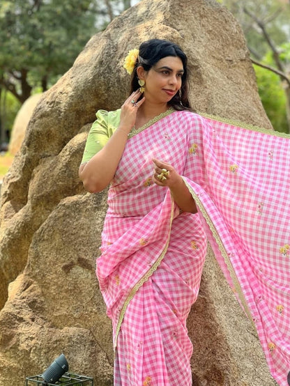 Fancy Lace broder Check Pattern Pink  Cotton Linen Saree With Blouse