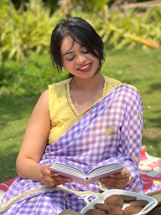 Fancy Lace broder Check Pattern Purple Cotton Linen Saree With Blouse